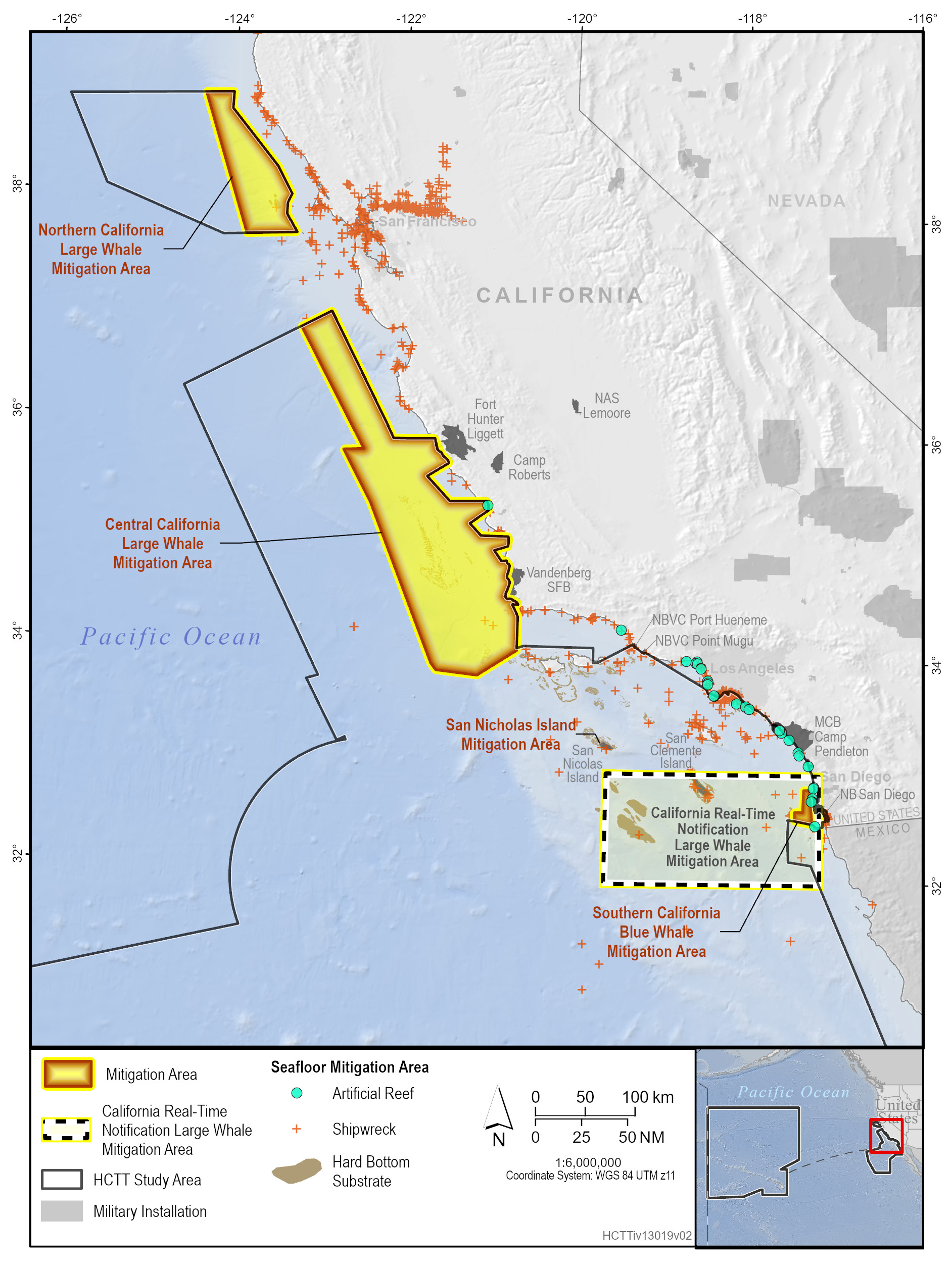 This figure shows the proposed marine mammal mitigation areas in the California Study Area. The mitigation areas are shaded yellow and outlined in red and are located in Northern California, Central California, and San Nicolas Island. 